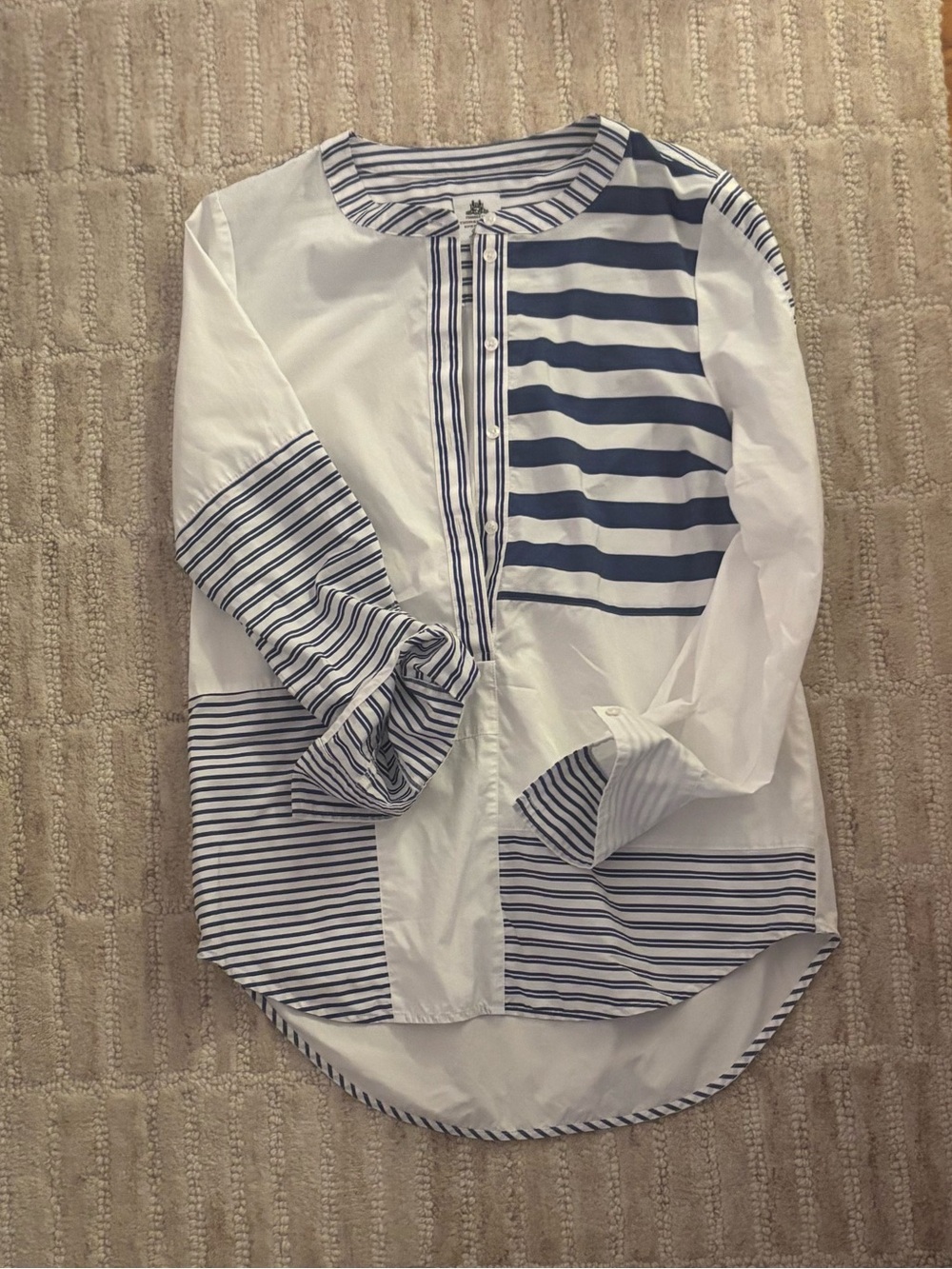 Thomas Mason for J. Crew White and Navy Patchwork Striped Blouse